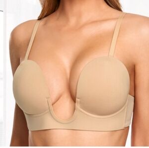 DotVol Seamless Tan Plunge Push Up Convertible Bra 34B Adj & Removable Straps